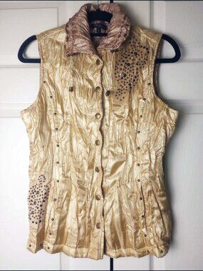 Christine Phillipe Gold Crinkle Satin Studded Packable Vest & Travel Pouch S